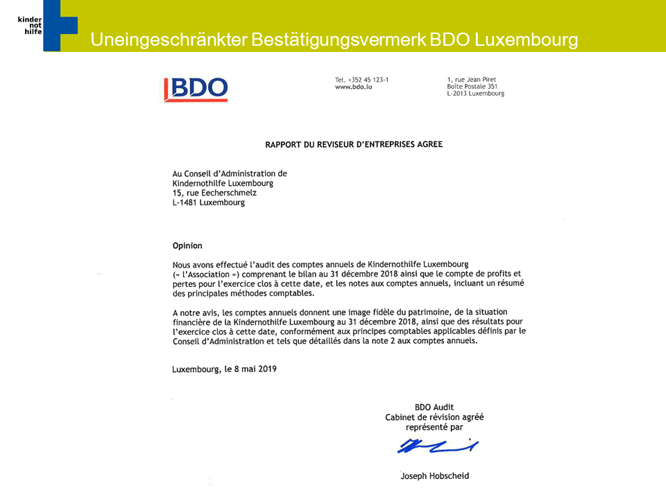 Auszug aus dem Bericht der Wirtschaftsprüfungsgesellschaft BDO Luxembourg (Quelle: Kindernothilfe Luxembourg)